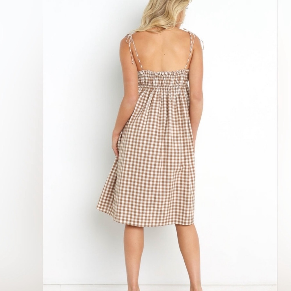 Smocked Gingham Tie-Strap Midi Dress - Beige/Tan - Picture 4 of 16